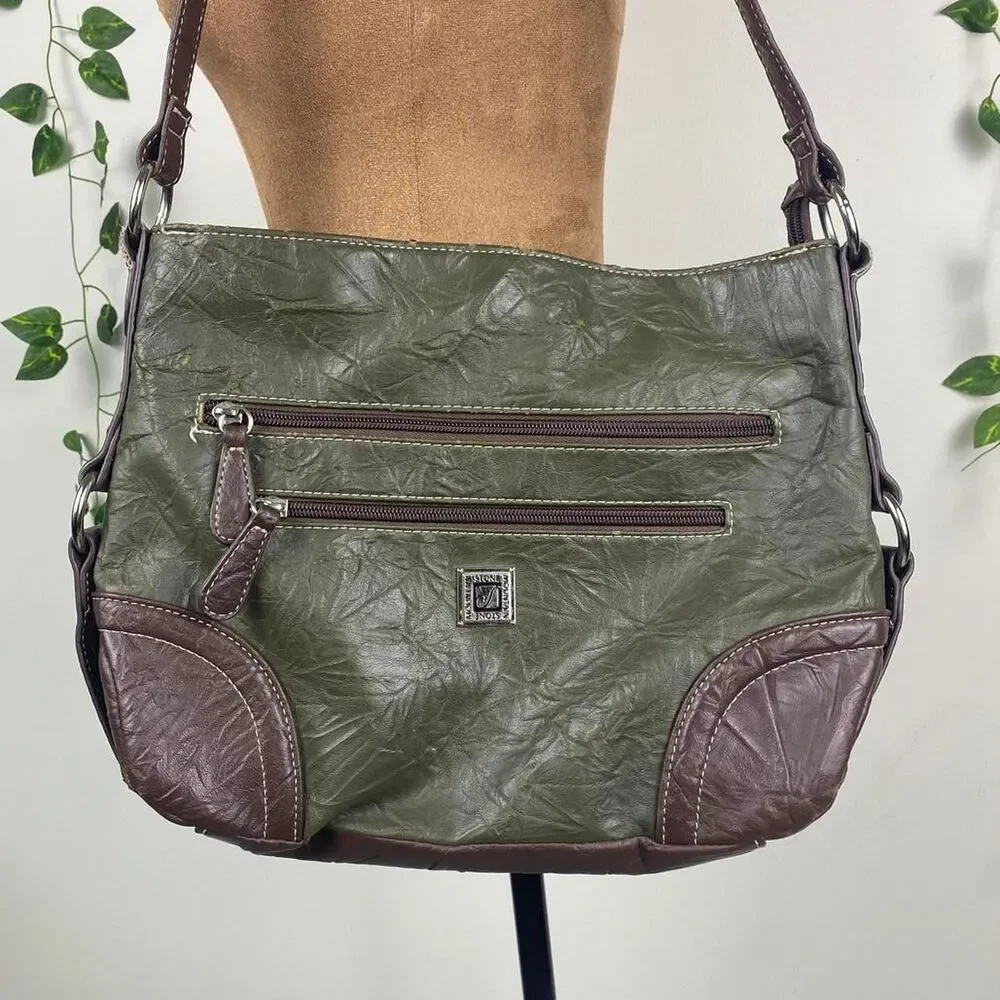 Stone Mountain Olive Green & Brown faux Leather Hobo Bag silver hardware